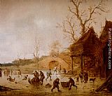 Isack van Ostade A Winter Landscape With Skaters, Children Playing Kolf And Figures With Sledges On The Ice Near A Bridge painting